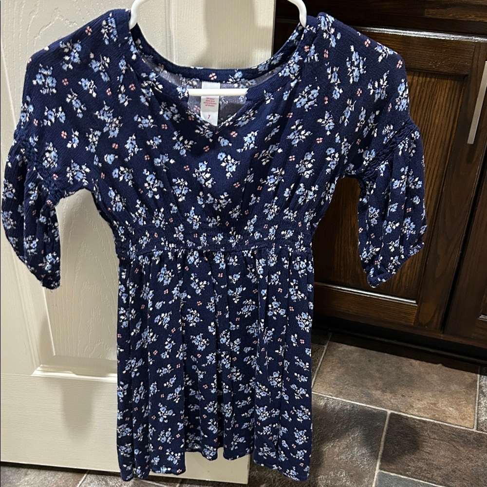 Navy blue dress with light blue flowers